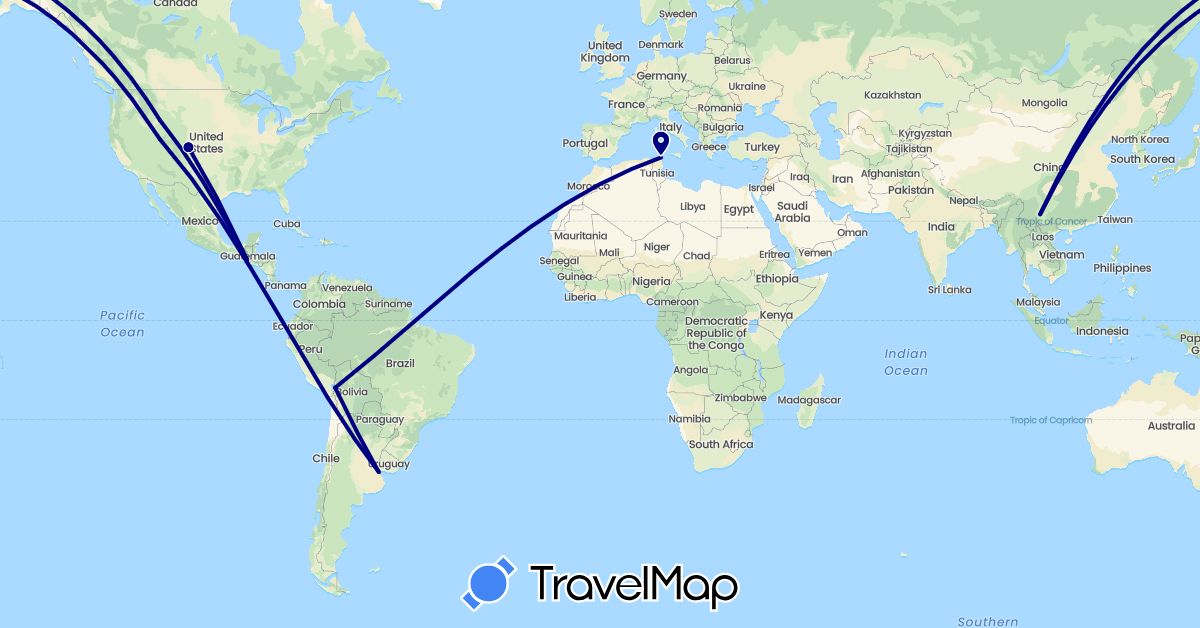 TravelMap itinerary: driving in Argentina, Bolivia, China, Guatemala, Tunisia, United States (Africa, Asia, North America, South America)